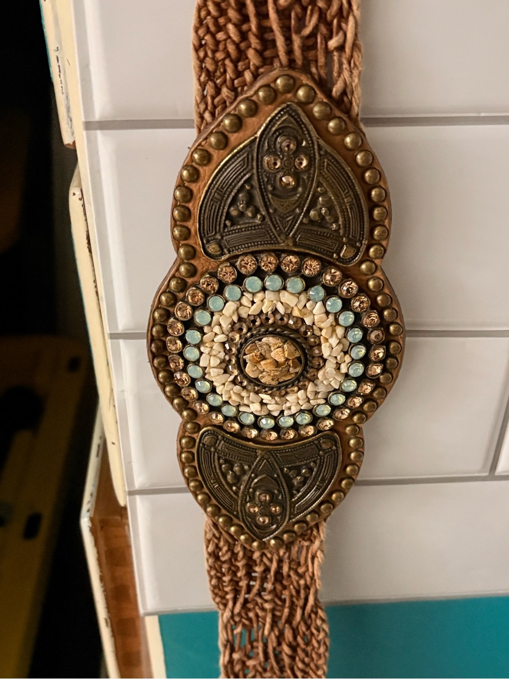 Boho Beaded Statement Belt - Brown with Turquoise & Cream Accents
